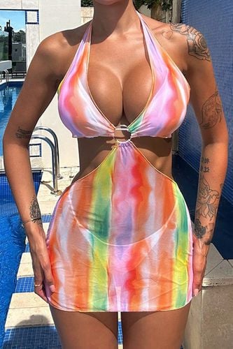 Orange Tie-Dye Cover-Up Dress White Bikini 3Pc Swimsuit Set - AMIClubwear - Modalova