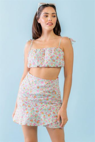 Mint Fuchsia Print Cotton Sleeveless Strappy Crop Top & High Waist Wrap Hem Mini Skirt Set - KandyKouture - Modalova