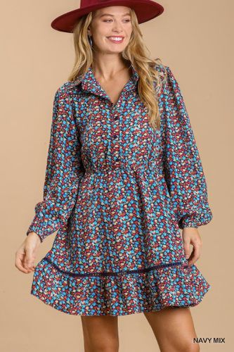 Collared neckline button down floral print dress with crochet trimmed details - KandyKouture - Modalova