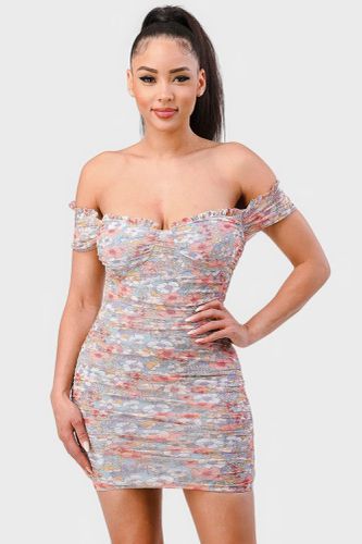 Floral Print Mesh Sweetheart Ruffled Off Shoulder Ruched Mini Dress - KandyKouture - Modalova