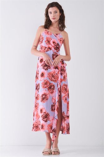 Floral Print Sleeveless Self-tie Wide Wrap Front Ruffle Hem Side Slit Detail Midi Dress - KandyKouture - Modalova