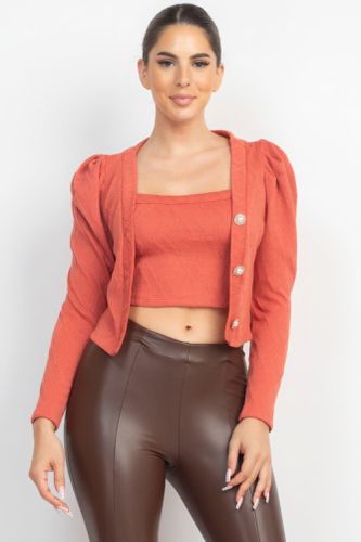 Geometric Cami Puff Sleeves Blazer Top Set - KandyKouture - Modalova