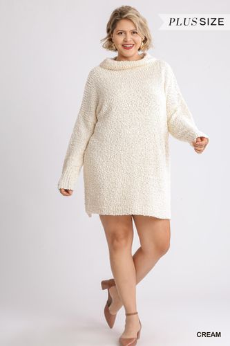 High Cowl Neck Bouclé Long Sleeve Sweater Dress - KandyKouture - Modalova