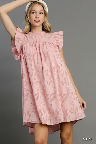 Jacquard Lace Ruffle Short Sleeve Dress With Back Button Keyhole - KandyKouture - Modalova