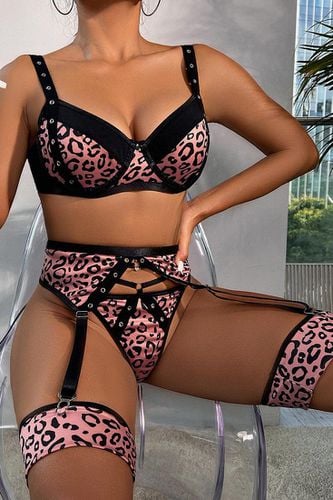 Leopard Print Black Strappy Bra Thong Garter Belt 5Pc Lingerie Set - AMIClubwear - Modalova