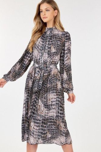 Long Sleeve Pleated Snake Skin Print Midi Dress - KandyKouture - Modalova