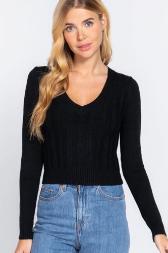 Long Sleeve V-neck Cable Sweater - KandyKouture - Modalova