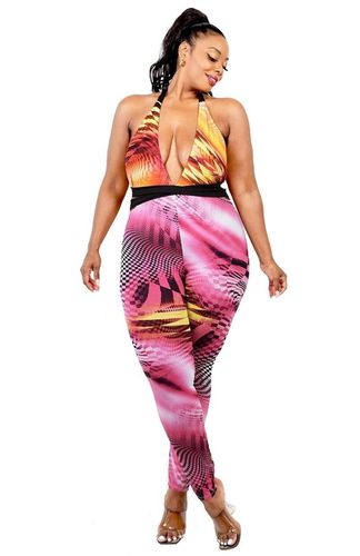 Plus Color Pattern Criss Cross Mock Neck Jumpsuit - KandyKouture - Modalova