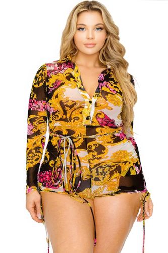 Plus gold & floral pattern print belted romer - KandyKouture - Modalova