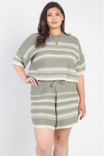 Plus Olive Striped Knit Short Sleeve Crop Top High Waist Shorts Set - KandyKouture - Modalova