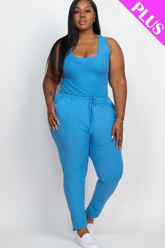 Plus Ribbed Sleeveless Drawstring Jumpsuit - KandyKouture - Modalova