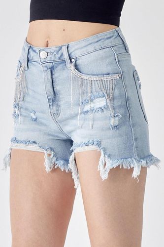 RISEN Frayed Hem Denim Shorts with Fringe Detail Pockets - Trendsi - Modalova