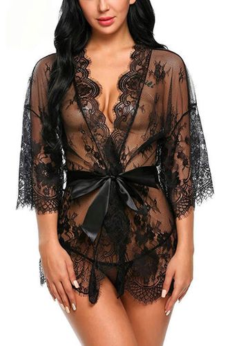 Black Lace Embroidered Robe Thong Belt 3Pc Lingerie Set - Kandy Kouture - Modalova