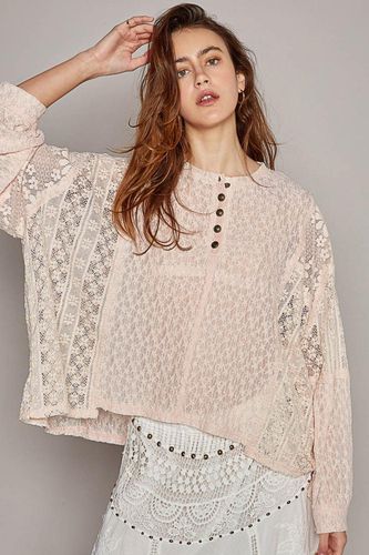 POL Round Neck Long Sleeve Raw Edge Lace Top - Trendsi - Modalova