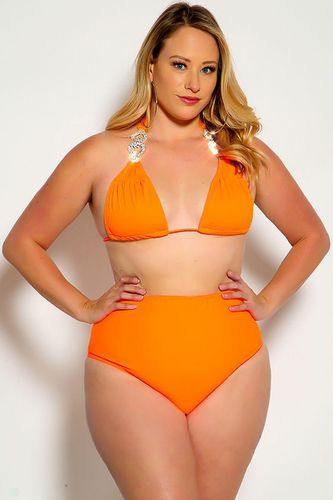 Neon Orange Halter Rhinestone Detail High Waist Plus Size Two Piece Swimsuit - AMIClubwearStore - Modalova