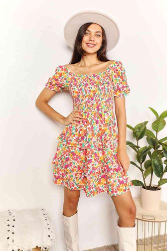 Double Take Smocked Sweetheart Neck Flounce Sleeve Mini Dress - Trendsi - Modalova