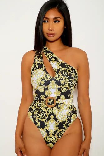 Black Yellow Printed One Piece Swimsuit - Kandy Kouture - Modalova