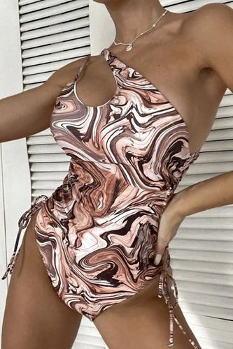 Brown Printed One Shoulder Sexy One Piece Swimsuit - AMIClubwear - Modalova