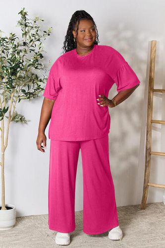 Double Take Full Size Round Neck Slit Top and Pants Set - Trendsi - Modalova