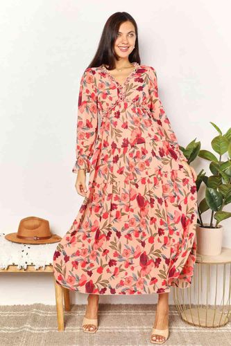 Double Take Floral Frill Trim Flounce Sleeve Plunge Maxi Dress - Trendsi - Modalova