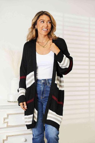 Double Take Striped Rib-Knit Drop Shoulder Open Front Cardigan - Trendsi - Modalova