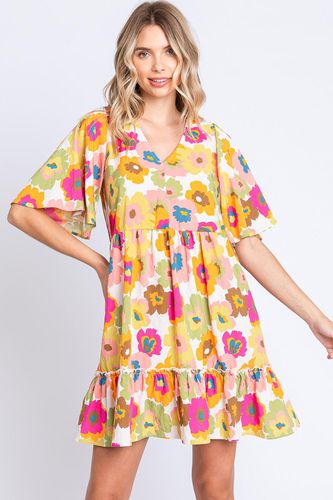 GeeGee Full Size Floral V-Neck Ruffle Trim Mini Dress - Trendsi - Modalova