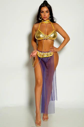 Purple Metallic Halter Chain Strap Mesh Two Piece Costume - AMIClubwear - Modalova