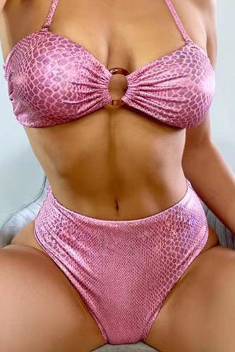 Pink Snake Print Holographic Bandeau Two Piece Sexy Swimsuit - AMIClubwear - Modalova