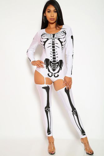 Sexy Bone-A-Fide Skeleton White Long Sleeve Bodysuit 3 Pc Costume - AMIClubwear - Modalova