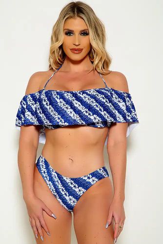 Sexy Blue White Floral Water Color Off The Shoulder Two Piece Swimsuit - Kandy Kouture - Modalova