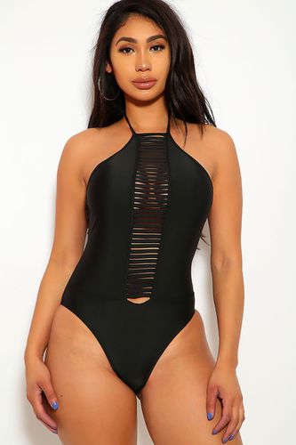 Sexy Black Distressed Cut Out Halter One Piece Swimsuit - Kandy Kouture - Modalova