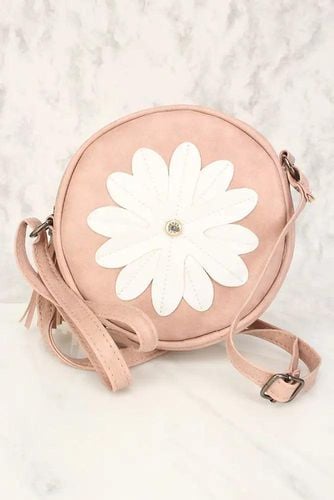 Sexy Dusty Pink Flower Patch Distressed Faux Leather Circle Crossbody Bag - Kandy Kouture - Modalova