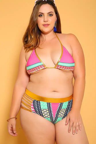 Sexy Fuchisa Ethnic Print Patted High Waist Plus Size 2Pc. Bikini - Kandy Kouture - Modalova