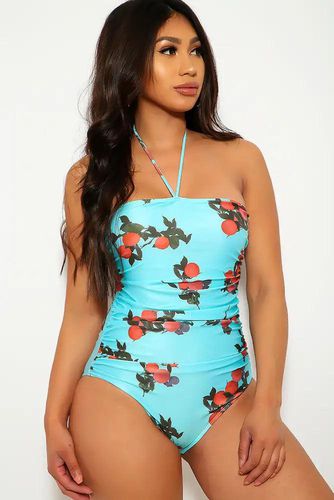 Sexy Mint Blue Printed Halter Padded One Piece Swimsuit - Kandy Kouture - Modalova