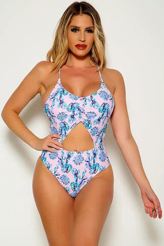 Sexy Pink Blue Floral Print Padded Two Piece Monokini - Kandy Kouture - Modalova