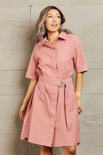 Petal Dew Half Sleeve Collared Dress with Pockets - Trendsi - Modalova