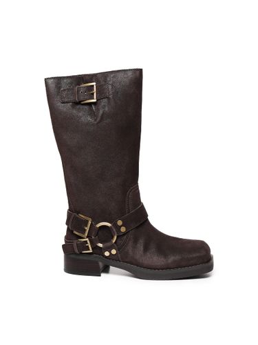 Braune flache Lederstiefel mit Schnallen - Michael Michael Kors - Modalova