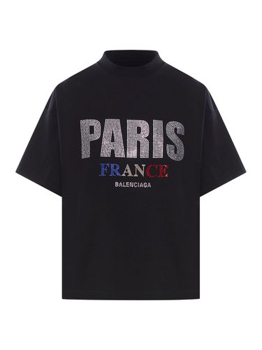 T-SHIRT PARIS STRASS CROPPED OVERSIZE IN NERO - Woman - Balenciaga - Modalova