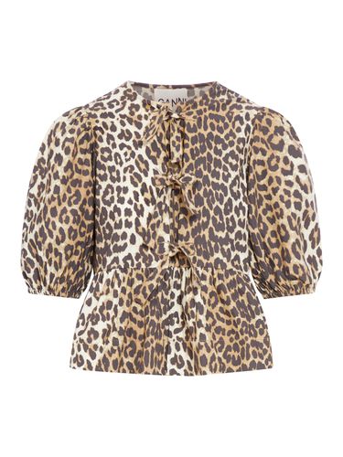 LEOPARD COTTON POPLIN PEPLUM TIE BLOUSE - Woman - Ganni - Modalova