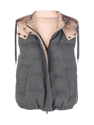 Reversible sleeveless down jacket in cashmere knit with hood and "Shiny Trim" - - Woman - Brunello Cucinelli - Modalova