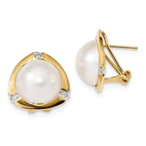 K 12-13mm White Saltwater Mabe Pearl .06ct Diamond Omega Back Earrings - Jewelry - Modalova