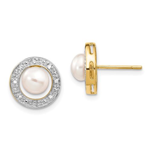 K & Rhodium 5-6mm Button FW Cultured Pearl .05ct Diamond Post Earrings - Jewelry - Modalova