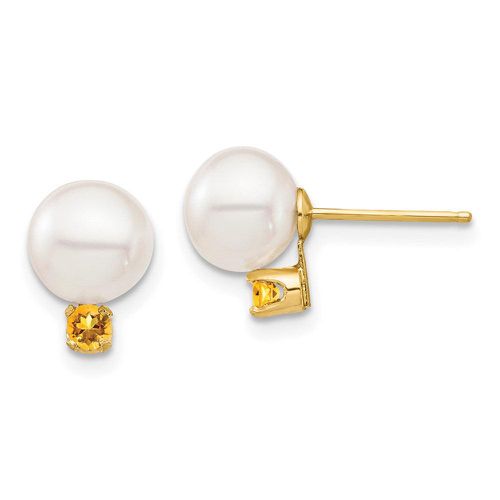 K 7-7.5mm White Round Freshwater Cultured Pearl Citrine Post Earrings - Jewelry - Modalova