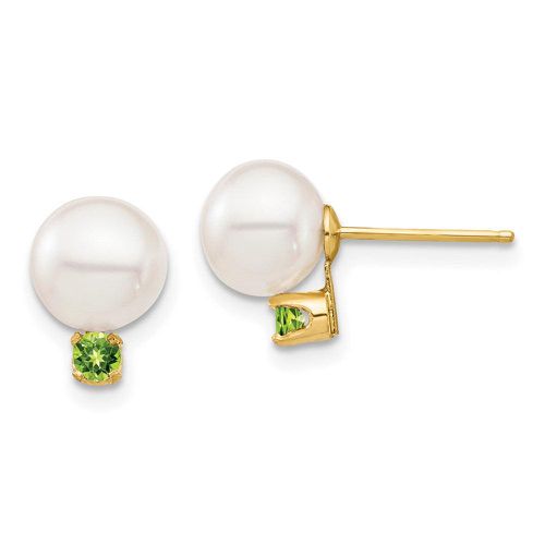 K 7-7.5mm White Round Freshwater Cultured Pearl Peridot Post Earrings - Jewelry - Modalova