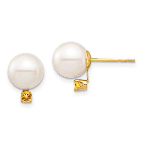 K 8-8.5mm White Round Freshwater Cultured Pearl Citrine Post Earrings - Jewelry - Modalova