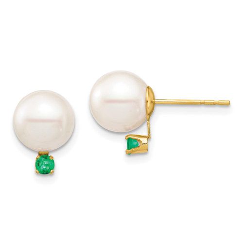 K 8-8.5mm White Round Freshwater Cultured Pearl Emerald Post Earrings - Jewelry - Modalova