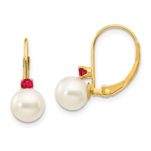 K 6-6.5mm White Round FW Cultured Pearl Ruby Leverback Earrings - Jewelry - Modalova