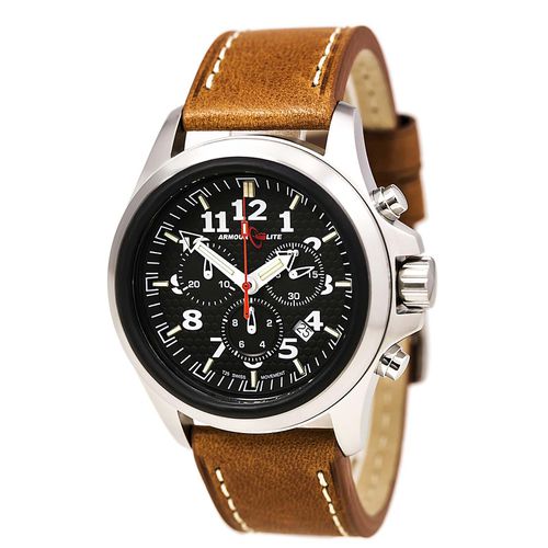 AL832 Men's Brown Leather Strap Swiss Quartz Chrono Black Dial Watch - Armourlite - Modalova