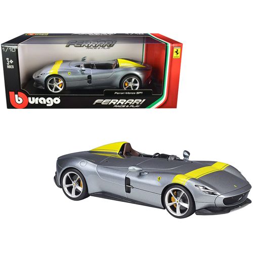 Diecast Model Car - Ferrari Monza SP1 Silver Metallic Yellow Stripes - Bburago - Modalova