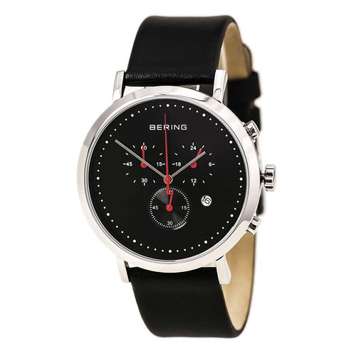 Men's Classic Black Dial Black Leather Strap Chronograph Watch - Bering - Modalova